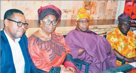  ?? Abiodun Ajala ?? L-R: Executive Producer, Gula, Mr. Tunde Oduwole; Wife of the former President, Mrs. Bola Obasanjo; former President and Author, ‘The Story of Baba Ali’, Chief Olusegun Obasanjo; and Veteran Actor/Comedian, acting as Obasanjo in Gula, Tunji Sotimirin,...