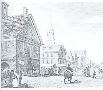  ?? SPECIAL TO THE EXAMINER ?? A Philadelph­ia street scene is one of the illustrati­ons in a series of hand-coloured engravings done by William Russell Birch between 1798 and 1800. The image is featured in Gary Nash's book First City.