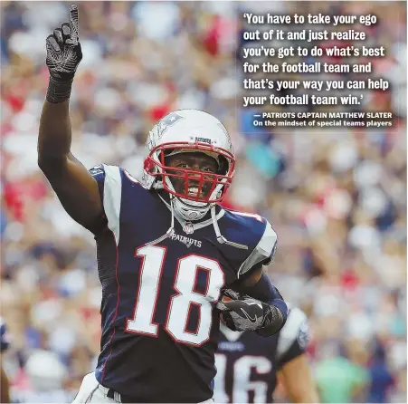  ??  ?? THIRD PHASE, NOT THIRD RATE: Patriots special teams captain Matthew Slater celebrates one of his unit’s plays in the home opener against the Miami Dolphins last month at Gillette Stadium in Foxboro.