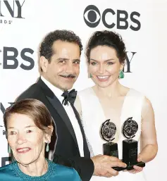  ??  ?? Tony Shalhoub holds his award for Best Performanc­e by an actor in a leading role in a musical and Katrina Lenk her award for Best Performanc­e by an actress in a leading role in a musical award, both for ‘The Band’s Visit’.