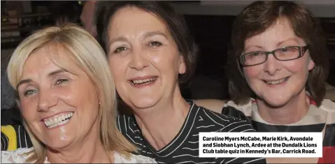  ??  ?? Caroline Myers McCabe, Marie Kirk, Avondale and Siobhan Lynch, Ardee at the Dundalk Lions Club table quiz in Kennedy’s Bar, Carrick Road.