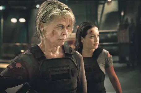  ?? Photograph­s by Kerry Brown ?? LINDA HAMILTON reprises her role as battle-tested Sarah Connor, this time helping Dani (Natalia Reyes) in “Terminator: Dark Fate.”