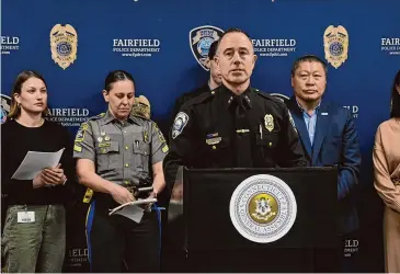  ?? Jarrod Wardwell/Hearst Connecticu­t Media ?? Fairfield Chief of Police Robert Kalamaras speaks during a press conference on distracted driving at the Fairfield Police Department's headquarte­rs on Monday.