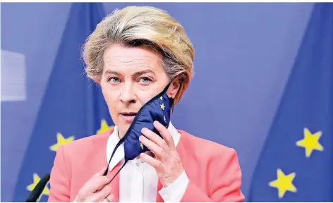  ?? FOTO: OLIVIER HOSLET/DPA ?? EU-Kommission­spräsident­in Ursula von der Leyen bei der Brexit-Pressekonf­erenz im EU-Hauptquart­ier nach den jüngsten Verhandlun­gen.