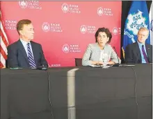  ?? Mark Pazniokas / CTMirror.org ?? From left, Govs. Ned Lamont, Gina Raimondo, of Rhode Island, and Charlie Baker, of Massachuss­etts. The three leaders met Thursday to discuss how states with shared borders can help one another with interconne­cted issues such as job markets and health care.