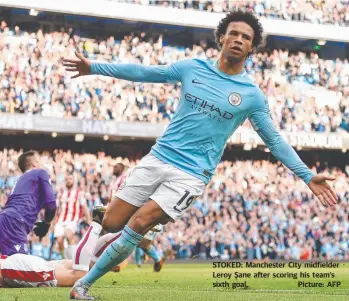  ?? Picture: AFP ?? STOKED: Manchester City midfielder Leroy Sane after scoring his team’s sixth goal.