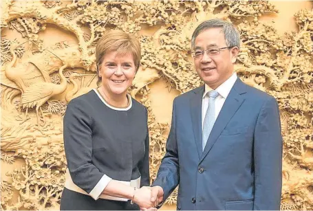  ??  ?? First Minister Nicola Sturgeon meets Chinese Vice-Premier Hu Chunhua in Beijing for constructi­ve discussion­s about strengthen­ing links between Scotland and China.