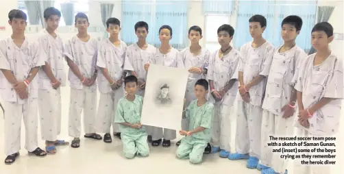  ??  ?? The rescued soccer team pose with a sketch of Saman Gunan, and (inset) some of the boys crying as they remember
the heroic diver