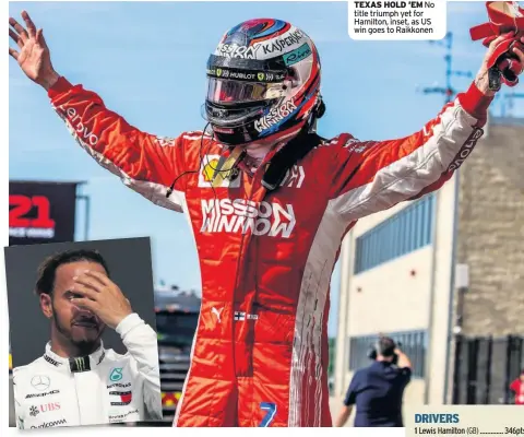  ??  ?? TEXAS HOLD ’EM No title triumph yet for Hamilton, inset, as US win goes to Raikkonen
