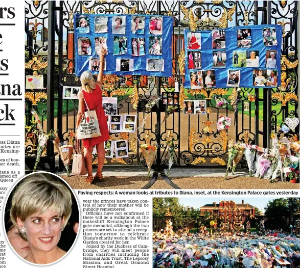  ??  ?? Paying respects: A woman looks at tributes to Diana, inset, at the Kensington Palace gates yesterday