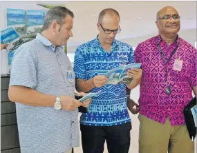  ?? Picture: REPEKA NASIKO ?? (L-R) Media Metro Ltd director Grant Moreton, Tourism Fiji CEO Matthew Stockel and Lyndhurst Group of Companies chief financial officer Manoa Kamikamica at the launch of Rosie Travel Group’s Discover Fiji.