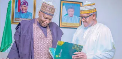  ?? ?? Governor Muhammadu Inuwa Yahaya ( R) with President of Dangote Group, Alhaji Aliko Dangote during the business mogul’s visit to Gombe at the weekend. Photo: Gombe State House