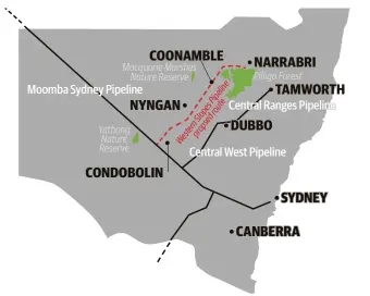  ??  ?? A map of northwest New South Wales showing current gas pipelines and the proposed route of the Western Slopes Pipeline heading to the Pilliga State Forest.