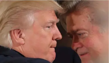  ?? PICTURE: REUTERS ?? ALLIES THEN: US President Donald Trump talks to chief strategist Steve Bannon during a swearing-in ceremony for senior staff at the White House in Washington on January 22 last year.