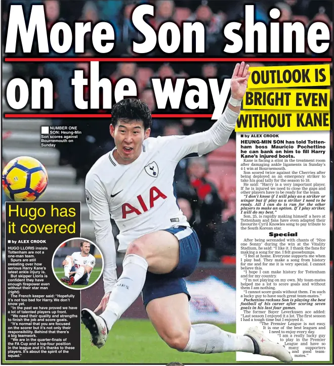  ??  ?? NUMBER ONE SON: Heung-Min Son scores against Bournemout­h on Sunday