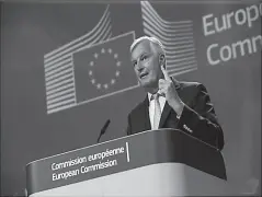  ?? BRUSSELS
-REUTERS ?? EU's Brexit negotiator Michel Barnier gestures as he holds a news conference after a meeting with Britain's chief negotiator David Frost in Brussels, Belgium.