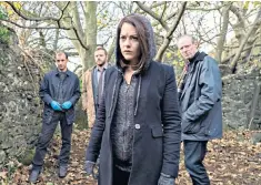  ??  ?? On the trail: Sarah Greene as detective Cassie Maddox in BBC One’s gripping Dublin Murders with co-stars Tom Vaughan Lawlor, Moe Dunford and Ned Dennehy