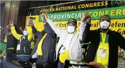  ?? Picture: Michael Pinyana ?? ANC leaders raise a cheer at the party’s Eastern Cape provincial elective conference in East London this week. The ANC’s economic transforma­tion committee has produced a document that does not reflect the view of most of its members, says the writer.