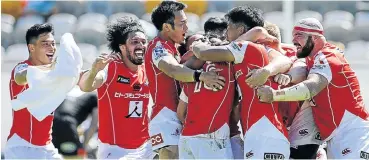  ?? Picture: Getty Images ?? Sunwolves players celebrate Hayden Parker’s victory drop-goal during their Super Rugby match against Stormers at Mong Kok Stadium in Hong Kong yesterday.