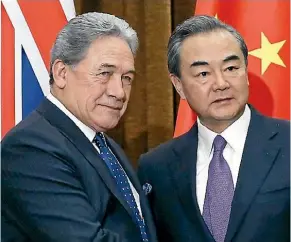  ??  ?? China’s Foreign Minister Wang Yi meets Winston Peters in Beijing during the NZ First leader’s three-day trip to the superpower.