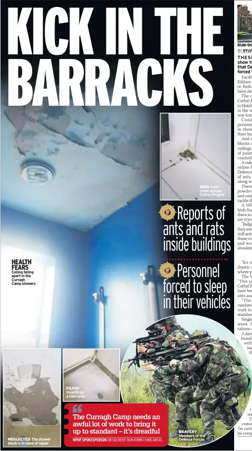  ??  ?? HEALTH FEARS Ceiling falling apart in the Curragh Camp showers NEGLECTED The shower block is in need of repair FILTHY Insects on a tiled area GRIM
Ants crawl around Cathal Brugha BRAVERY Members of the Defence Forces RUN-DOWN