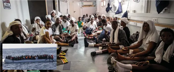  ??  ?? The women and children’s shelter on- board the ‘ Aquarius’ where Dr Conor Kenny is medic. Tiziana Cauli/ MSF. INSET: An over- loaded rubber boat rescued by the ‘ Aquarius’ recently. Dr Conor Kenny.