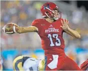  ?? JIM RASSOL/STAFF PHOTOGRAPH­ER ?? Head coach Lane Kiffin said FAU starter Daniel Parr “did some good things” against Navy.