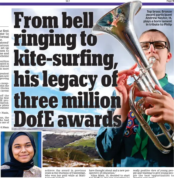  ??  ?? Baking progress: Alina Miah, 15 Top brass: Bronze award participan­t Andrew Naylor, 14, plays a horn lament in tribute to Philip