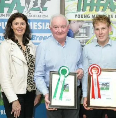  ??  ?? Kane Boal (19-26 years), Paddy Grennan (Senior) and Brendan Boal, on behalf of Megan Boal (Under-18 years), winners of the IHFA Stockjudgi­ng after receiving their awards with Zoe Kavanagh and Peter Kennelly, president, IHFA