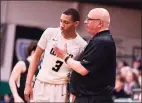  ?? Contribute­d photo ?? UCon commit Rahsool Diggins, left, and Archbishop Wood High coach John Mosco during a game last season.