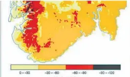  ?? ILL: KLIMASERVI­CESENTER.NO ?? MODERAT KLIMAUTSLI­PP: Dette er prognosen for reduksjon i antall snødager ved moderate klimautsli­pp.