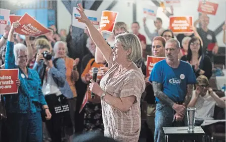  ?? MATHEW MCCARTHY WATERLOO REGION RECORD ?? Ontario NDP Leader Andrea Horwath speaks to supporters at the Schwaben Club in Kitchener Wednesday night.