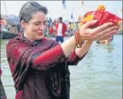  ??  ?? Congress leader Priyanka Gandhi Vadra at the Sangam in Prayagraj on Thursday.