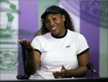  ?? JED LEICESTER — POOL PHOTO VIA AP ?? Serena Williams reacts, during a press conference ahead of the Wimbledon Tennis Championsh­ips in London, Sunday.