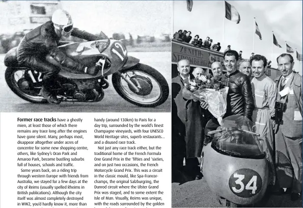  ??  ?? TOP LEFT French idol Pierre Monneret sweeps to victory in 1954 on the works 500cc Gilera.
ABOVE A beaming Duilio Agostini after winning the 1955 350cc Grand Prix on a works Moto Guzzi.
LEFT Promotiona­l poster for the 1954 motorcycle event.