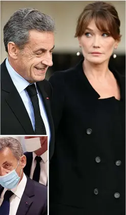  ??  ?? Convicted...Sarkozy arrives for the verdict, left, and with wife Carla Bruni at Jacques Chirac’s funeral in 2019