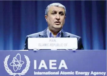  ?? — Reuters ?? Iranian Atomic Energy Agency Chief Mohammad Eslami delivers his speech at the opening of the IAEA General Conference at their headquarte­rs in Vienna, Austria, on Monday.