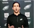  ?? STAFF PHOTO ?? New Eagles head coach Nick Sirianni speaks at his first press conference with the team, a long-winded affair with little substance.