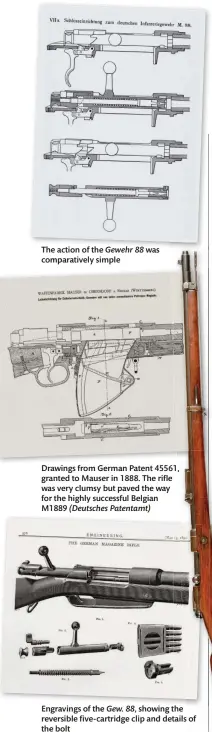  ??  ?? The action of the Gewehr 88 was comparativ­ely simple
Drawings from German Patent 45561, granted to Mauser in 1888. The rifle was very clumsy but paved the way for the highly successful Belgian M1889 (Deutsches Patentamt)
Engravings of the Gew. 88, showing the reversible five-cartridge clip and details of the bolt