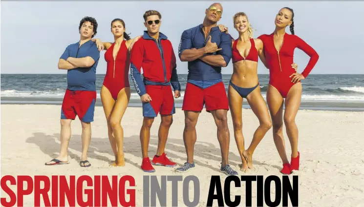  ?? PARAMOUNT PICTURES ?? Jon Bass, left, Alex Daddario,
Zac Efron, Dwayne Johnson, Kelly Rohrbach and Ilfenesh Hadera star in the upcoming Baywatch film.