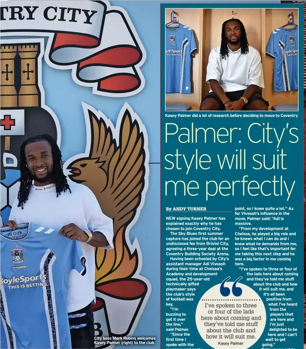  ?? ?? City boss Mark Robins welcomes Kasey Palmer (right) to the club