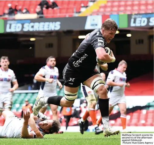  ??  ?? Matthew Screech scores his second try of the afternoon against Edinburgh Picture: Huw Evans Agency