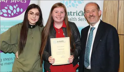  ??  ?? Kayleigh Clare Malone from Colaiste Chill Mhantain with St Patrick’s CEO Paul Gilligan and Jordanne Jones.