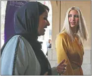  ?? (AP/Kamran Jebreili) ?? Ivanka Trump (right), the daughter and senior adviser to U.S. President Donald Trump, is received by Lamia Abdulaziz Khan, executive director of the Global Women’s Forum, upon her arrival Sunday to deliver a keynote address at the forum in Dubai, United Arab Emirates.