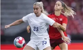  ?? Photograph: Ennio Leanza/EPA ?? England’s Alessia Russo, pictured holding off Viola Calligaris of Switzerlan­d, produced an outstandin­g display in the 4-0 win in Zurich.