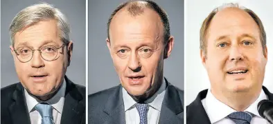  ?? BILD: dpa/Kappeler ?? Die Kandidaten für den Vorsitz der Bundes-CDU: (von links) Norbert Röttgen, Friedrich Merz und Helge Braun.