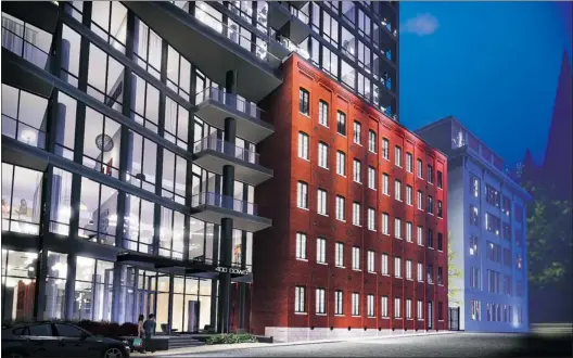  ??  ?? This architectu­ral rendering of the entrance to 400 Dowd clearly shows the red-brick facade of the structure first built at the site in 1870 as a textile/paper mill. The new condo developmen­t, with 120 units scheduled for completion in 2014,...