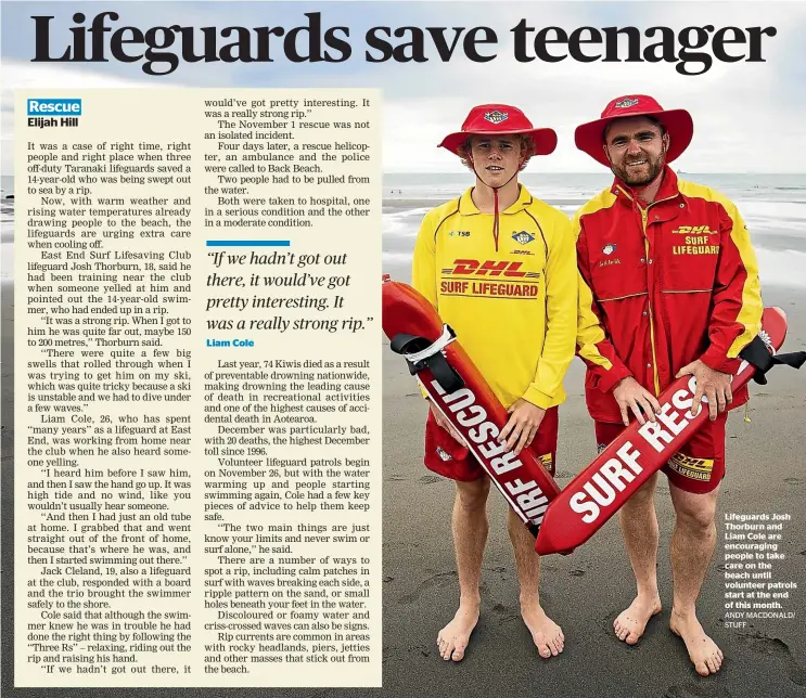  ?? ANDY MACDONALD/ STUFF ?? Lifeguards Josh Thorburn and Liam Cole are encouragin­g people to take care on the beach until volunteer patrols start at the end of this month.