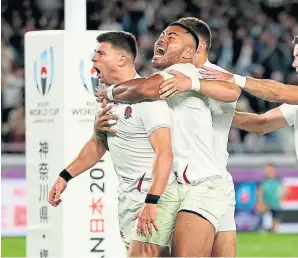  ??  ?? England’s Ben Youngs celebratin­g his try – which was then disallowed