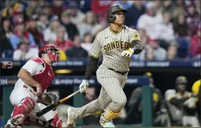  ?? MATT ROURKE - THE ASSOCIATED PRESS ?? San Diego Padres right fielder Juan Soto watches his two-run home run during the fifth inning in Game 4of the Championsh­ip Series versus the Phillies last October.